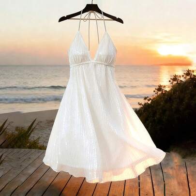 Abito mini da donna di colore unito con laccio alla nuca, adatto per appuntamenti e feste