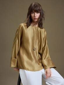 Ontre 2026春夏新款女士办公、婚礼宾客、通勤优雅纯色喇叭袖衬衫，适合毕业典礼等场合 - 卡其色 - 查看 7