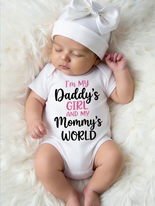 SHEIN GraphicGems Baby Girl Newborn "I'm My Daddy's Girl AND MY Mommy's WORLD" Cute Graphic Print Short Sleeve Romper, Adorable, Squishy, Newborn Clothing, Infant Outfit, Spring/Summer, Comfortable Casual Wear, Baby Girl Apparel, Outdoor, Photography, Indoor, Holiday, Gift, Bohemian, Spring Vibes, Summer Vibes, Spring & Summer Outfits For , Easy Comfort, Stylish Girl Set, Casual Wear, Kids Graphic Clothes, Spring & Summer Set, New Style, Chill Chill, Spring Vibes Chill Summer Vacation