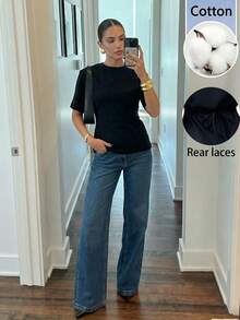 Firerie 女士黑色圆领抽绳短袖T恤，基础修身款，圆领，修身基本款，日常简约百搭针织上衣，春夏款，优雅，通勤，休闲，日常，简约，度假，工作 - 黑色 - 查看 2