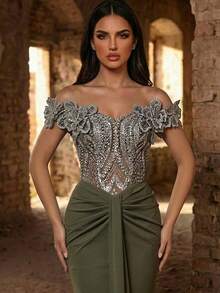 Glamrae 优雅奢华露肩袖串珠刺绣网纱拼接弹力褶皱鱼尾连衣裙，适合婚礼、派对、度假、晚宴等场合（重磅款） - 橄欖綠 - 查看 4