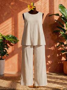 SHEIN CURVE+ Conjunto de 2 piezas de top de tirantes y pantalones de unicolor informal de talla grande - Caqui - Ver 1