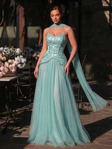 Glamrae Women's Beaded & Rhinestone Decorated Strapless Formal Evening Gown - Mint Green - View 6