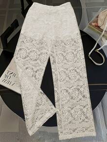 GlowEve 时尚新款优雅蕾丝镂空拉链前开合女式休闲裤 - 杏色 - 查看 2