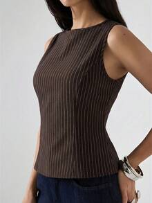 LYSMO 2026新款简约棕色条纹圆领修身休闲背心，适合工作/商务休闲/办公室穿着，时尚女式衬衫/休闲女式衬衫 - 棕色 - 查看 5