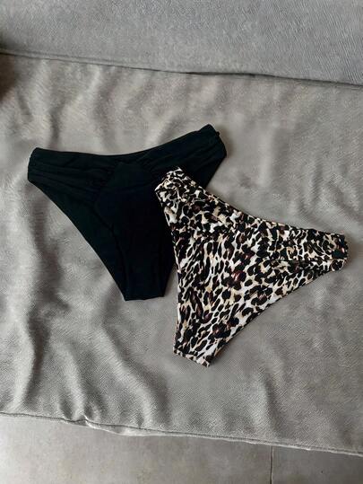 Elavelle 女士随机印花褶皱高腰比基尼泳裤，春夏款