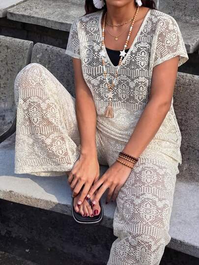 GlowEve CURVE Plus Size Women's 3-Piece Set: Hollow-Out Jacquard Loose Pullover V-Neck Top, Solid Color Camisole, And Hollow-Out Straight Leg Pants, Fashionable For Commuting, Spring Outing, And Daily Wear