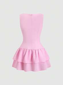 SHEIN Sweetro Đầm mini không tay dáng chữ A hai lớp bèo nhún, phong cách cổ điển lãng mạn, thanh lịch, tinh nghịch, dễ thương, ngọt ngào, thích hợp cho lễ hội âm nhạc, kỳ nghỉ, hẹn hò, đi làm, mùa xuân, hè, thu và đông. - Bụi hồng - Xem 2