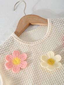 Elladie kids 女童休闲可爱图案圆领插肩袖针织印花T恤和松紧腰流苏珍珠花卉装饰牛仔短裤套装 - 杏色 - 查看 4