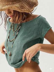 Bohemela Áo thun nữ cổ thuyền, màu trơn, chất liệu dệt kim, dáng ôm, đã qua xử lý giặt. - màu xanh lá - Xem 3