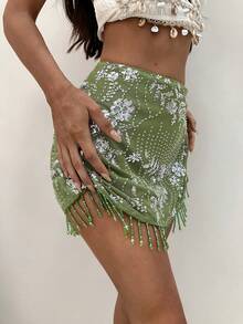 Aloruh 女款優雅亮片流蘇海灘迷你裙，適合復活節、聖帕翠克節、嘉年華、外出、約會之夜、演唱會，亮片綠色裙，Y2K風格 - 綠色 - 查看 7