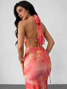 Aloruh 春夏新款优雅浪漫度假情人节婚礼露背蝴蝶结深V领橙色渐变印花紧身长裙，渐变印花长裙，沙滩度假长裙，性感度假长裙，粉橙印花长裙 - 橘色 - 查看 2