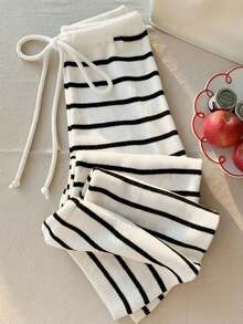 Comfortcana Plus Size Women Drawstring Waist Striped Casual Versatile Daily Wear Knit Pants - White - View 1