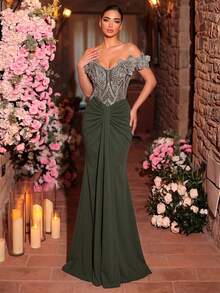 Glamrae 优雅奢华露肩袖串珠刺绣网纱拼接弹力褶皱鱼尾连衣裙，适合婚礼、派对、度假、晚宴等场合（重磅款） - 橄欖綠 - 查看 5