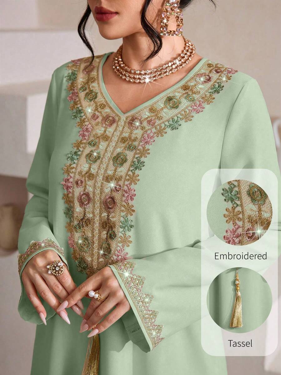 SHEIN Najma Robe de chambre décontractée et confortable pour femmes, avec décoration de franges et broderie colorée élégante - Vert menthe - Voir 1