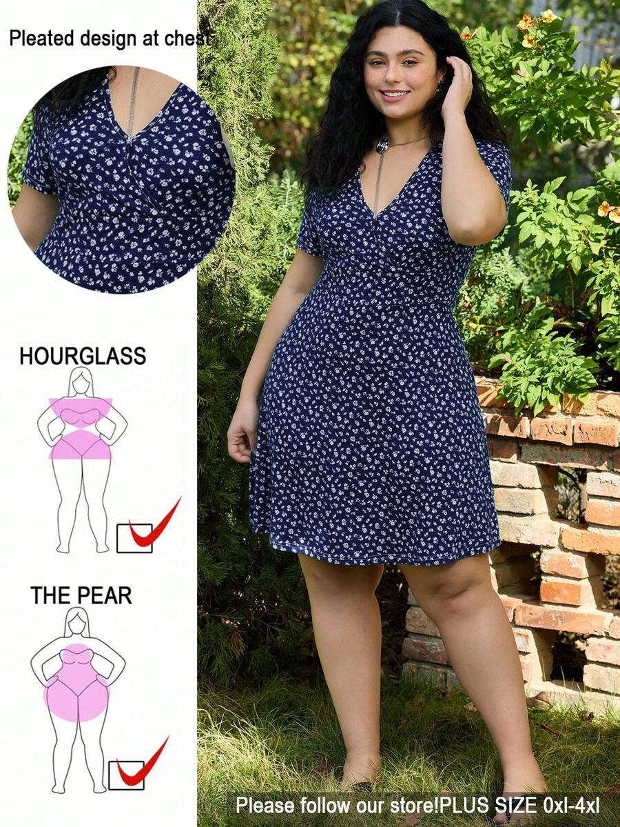 SHEIN EZwear 大码女式V领碎花时尚约会派对连衣裙 - 寶藍色 - 查看 1