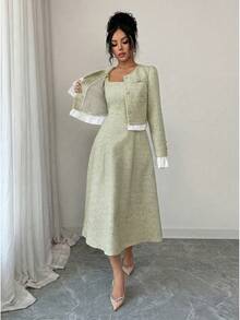 Elenzga Vestido sin mangas con parches de color azul y blanco con bolsillos con botones, conjunto elegante y casual para mujeres - Verde Pastel - Ver 7
