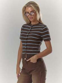 MUSERA Striped Rib Knit Button Through Fitted Short Sleeve Top Cosy Cute Casual Coffee Club Winter Elegant Evening Party - Chocolate Brown - View 2