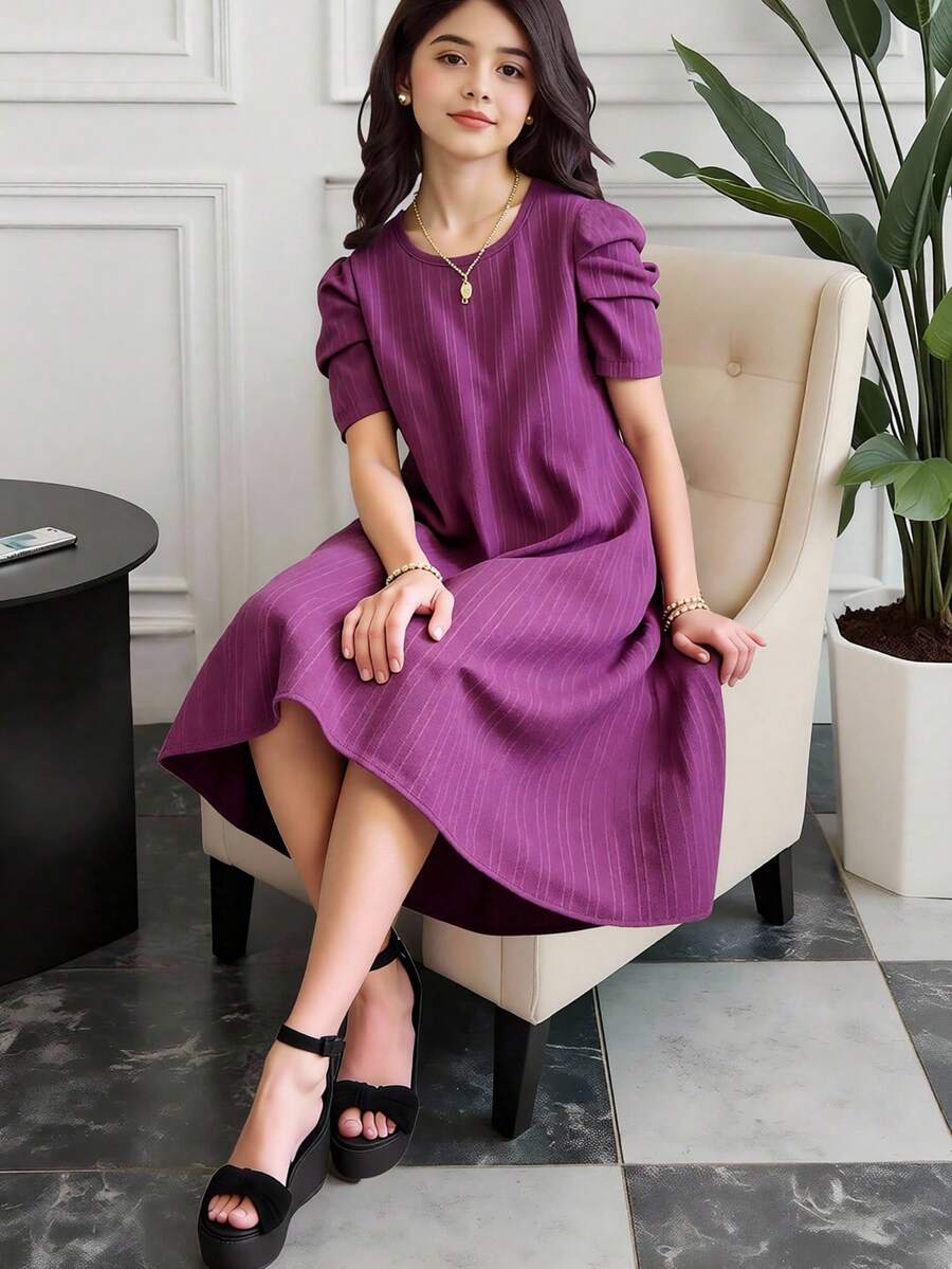 SHEIN Đầm thường ngày sọc cổ tròn tay ngắn cho bé gái tuổi mới lớn - Màu tím - Xem 1
