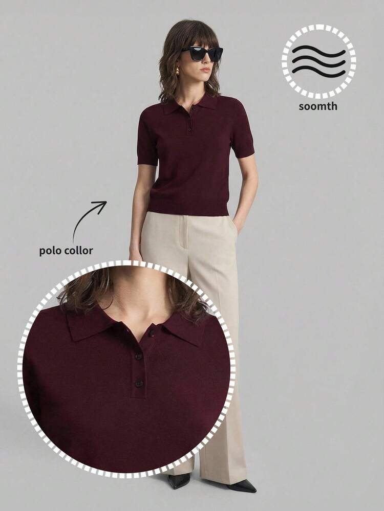 2026 Spring/Summer Women's Solid Color Polo Collar Knit Short Sleeve Sweater, Urban Commute Business Casual Blouse, Office Wear, Elegant Party Top, Suitable For Summer, Valentine's Day All-Season Versatile Modern Urban Fashion Business Casual Women's Wear Office Attire Understated Old-Money Style, Elegant And Sophisticated, High-Quality Commuter And Airport Women's Wear Bohemian Style Vacation Outfits Seaside Women's Clothing, Country Music Concert Style, Western Style Clothing, Nomadic Casual