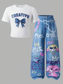 SHEIN ChillGRL 两件套少女仿牛仔印花紧身T恤和仿牛仔卡通链条印花长裤套装，休闲日常风格 - 藍色 - 查看 3