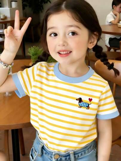 Young Girls SS26 Fashion Casual Comfortable Vacation Yellow & Blue Faux Embroidered Heart Dog Print Short Sleeve Round Neck T-Shirt, Suitable For Summer