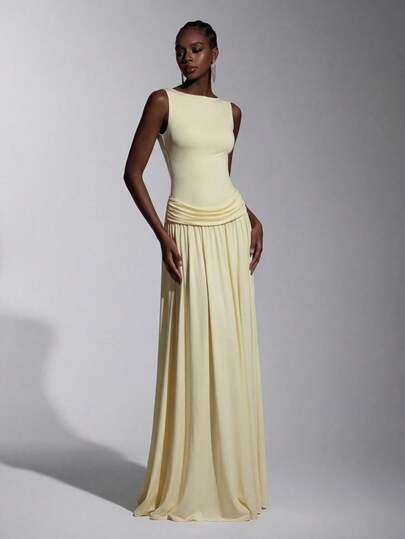 Elitara Elegant, Romantic, Fashionable Pale Yellow Elastic Mesh Fabric Boat Neck Sleeveless Pleated Decor A-Line Elegant Party Dress, Wedding Guest Dress, Green Dress, Fashionable & Elegant Bridesmaid Dress