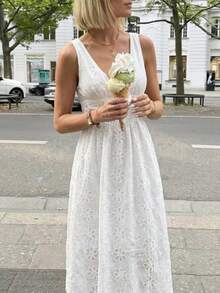 SHEIN Frenchy Women's Embroidered Elegant Waist Cinched Midi Dress, Suitable For Vacation, Dates, And Outingsn,French-Style Openwork Embroidered V-Neck White Dress,A Mid-Length Summer Dress With A Fitted Waist And Sleeveless Design, Exuding Elegance And Sophistication., Elegant White Summer Dress, Women White Dress Elegant, White Vintage Dress, Ankle Length Dress, Boho White Dress, French Style Dress, Spain Vacation Outfits, Greece Vacation Outfit,Graduation Dress,Wedding Party Dress,Wedding Guest Dresses,Bridesmaid Dress,Party Outfit,,Summer Dresses For Women,Elegant Dresses For Party,Beach Outfits, Beach Vacation Outfits For Women,Holiday Outfits For Women,Summer Outfit For Women,Summer Clothes, White Lace Dress Women, Women Vacation Dress, Elegant Summer Dress - White - View 9