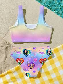 少女休闲简约卡通女孩泳装套装，亮紫色，卡通女孩团体泳衣印花图案背心式泳衣，适合夏季穿着 - 彩色 - 查看 3