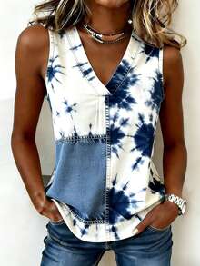 EMERY ROSE Women's Ink Painting Pattern V-Neck Casual Versatile Daily Wear Top - Multicolor - View 4