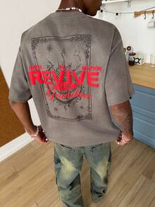 STEELVANCE 男士街头风宽松塔罗牌字母3D印花T恤 - 灰色 - 查看 4