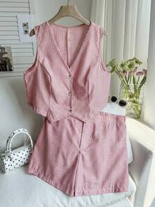 Comfortcana Bộ áo vest và quần short kẻ sọc đỏ cỡ lớn, trang phục thường ngày mùa hè cho lễ tốt nghiệp, tựu trường, trang phục giáo viên mùa thu/đông. - Đỏ - Xem 1