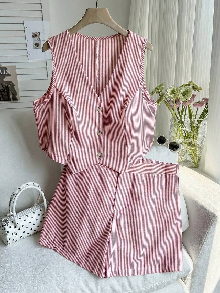 Comfortcana Bộ áo vest và quần short kẻ sọc đỏ cỡ lớn, trang phục thường ngày mùa hè cho lễ tốt nghiệp, tựu trường, trang phục giáo viên mùa thu/đông. - Đỏ - Xem 1