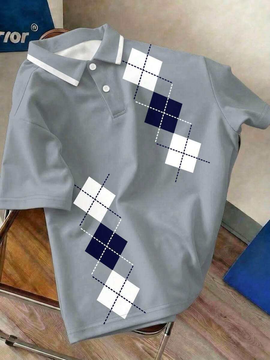 Manfinity Joysei Men's Casual Rhombus Print Polo Shirt, Summer - Grey - View 1