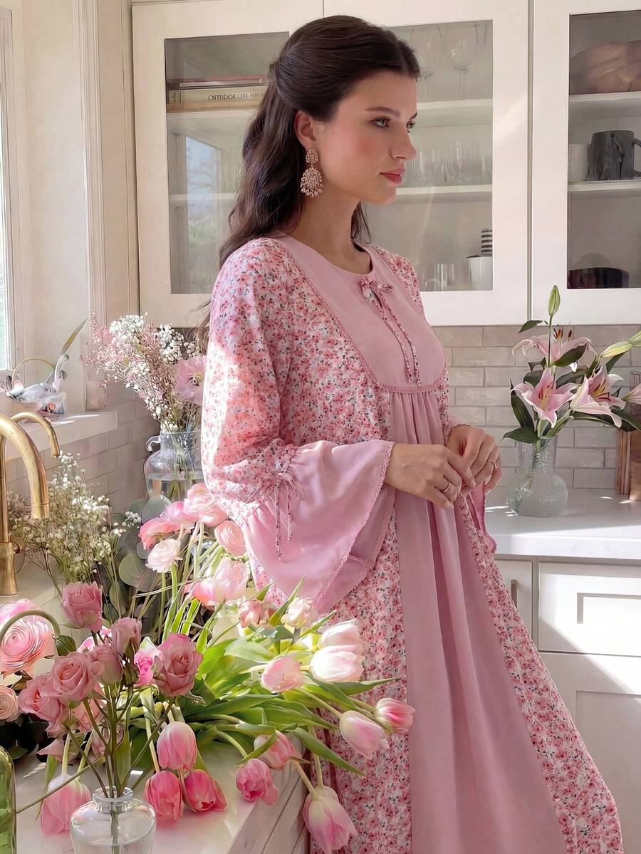 Al Najma Arabic Style Floral Print Lace-Trimmed Dress With Round Neck, Bowknot, Flared Sleeves And Skirt, Spring/, Modest - Multicolor - View 1