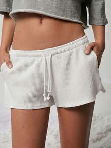 WESTFADE Quần short dệt kim kiểu dáng dễ thương, cạp trung bình, buộc dây phía trước. - trắng - Xem 4