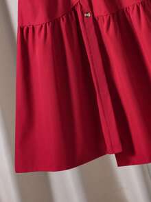 SHEIN 2pcs Tween Girl Print Petal Sleeve Shirt + Asymmetric Button Skirt Set, Comfortable Spring/Summer Holiday Outfit - Burgundy - View 7