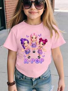 Young Girl Round Neck Cartoon Letter Print Casual Versatile Daily Wear Short Sleeve T-Shirt - Mauve Purple - View 1
