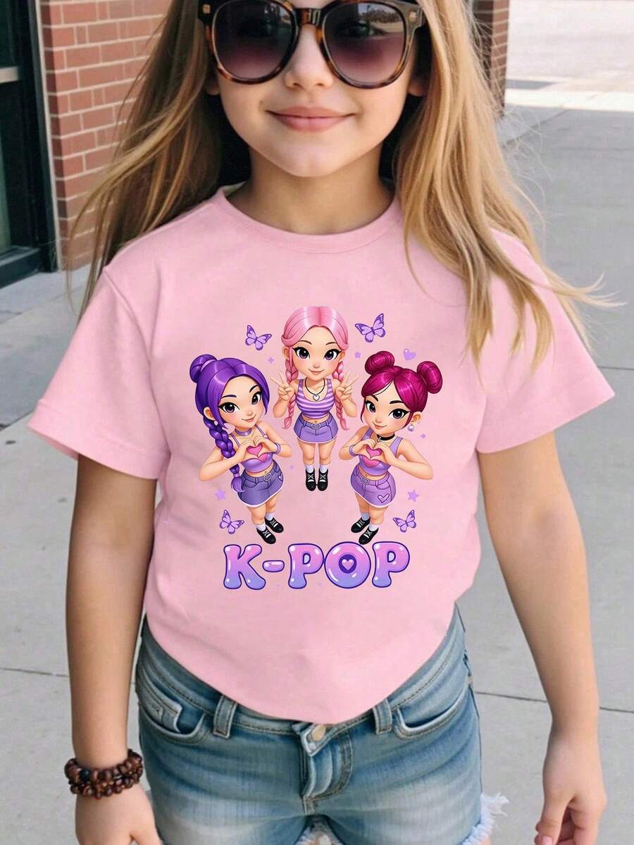 Young Girl Round Neck Cartoon Letter Print Casual Versatile Daily Wear Short Sleeve T-Shirt - Mauve Purple - View 1