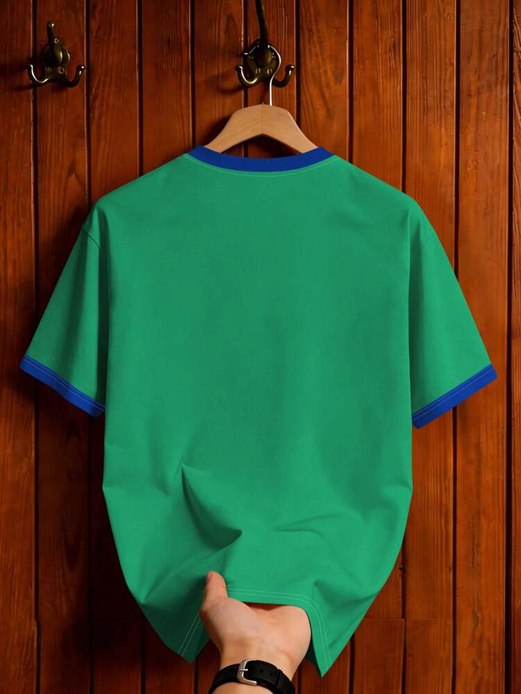 Aesthetic Post Retro Green Striped Crew Neck Short Sleeve T-Shirt Striped Contrast Color Sleeve Sports Jersey Top Loose Crew Neck Casual Graphic Tee With NY Badge Decor Men's Graphic T-Shirt Women's Graphic T-Shirt Men's Fashion Sports Top Football/Soccer Gear - Multicolor - View 2