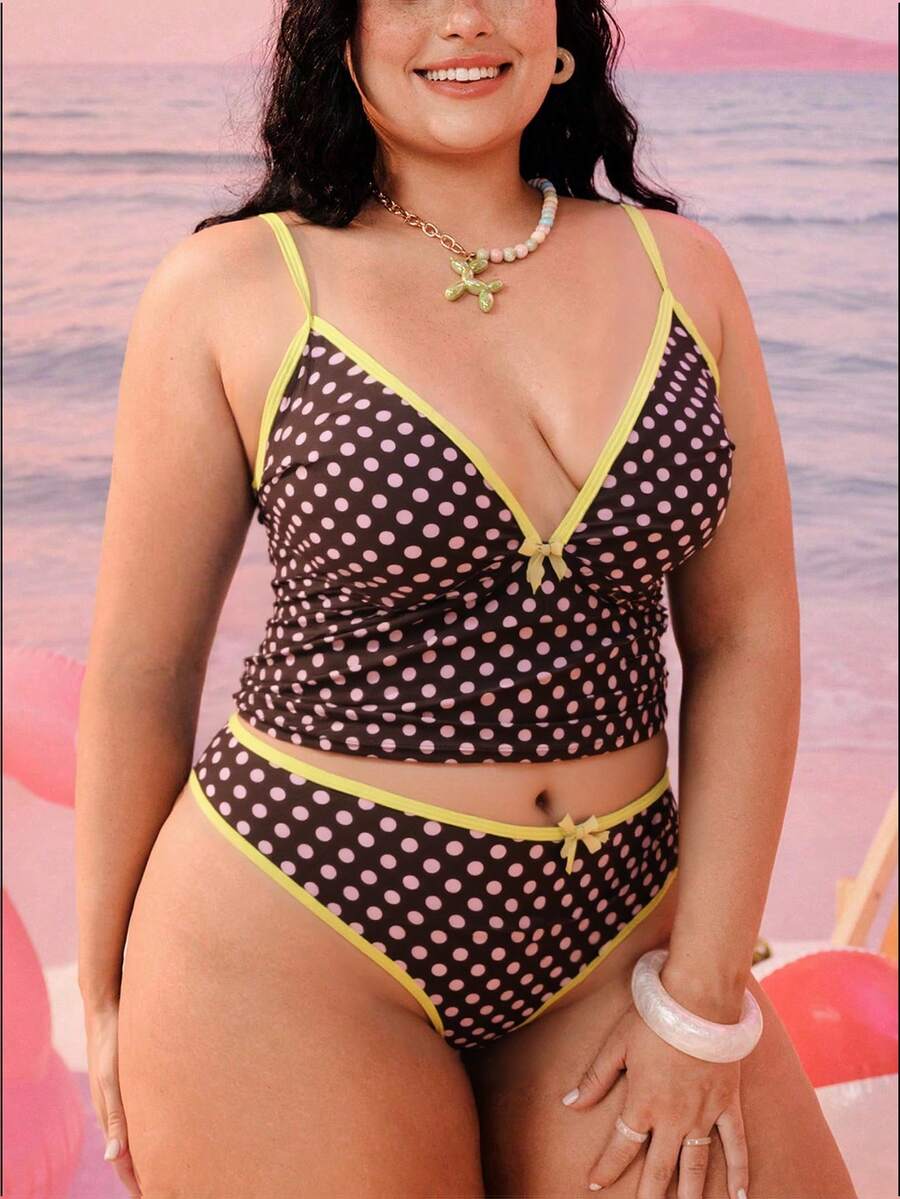 Swim Mod 2026新款加大码女式两件套随机几何印花时尚度假休闲简约显瘦端庄蝴蝶结可调节粗肩带高腰高开衩三角比基尼泳衣 - 棕色 - 查看 1