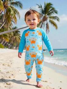 SHEIN 男婴泳衣，连体泳衣，长袖长裤，拉链设计方便穿脱，针织面料，可爱海龟数码印花海边泳衣，男婴海边泳衣 - 彩色 - 查看 3
