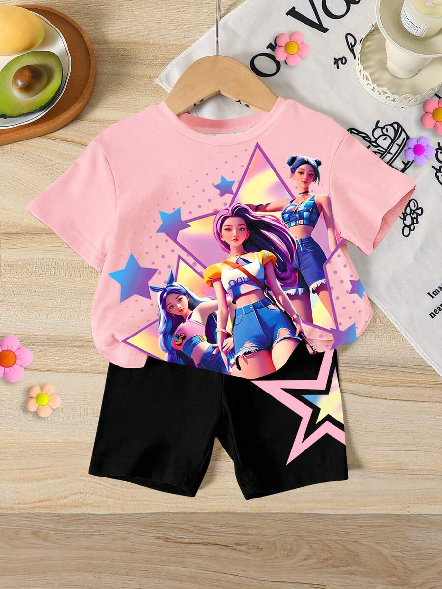 一套女童休闲韩流卡通渐变闪亮星星印花短袖针织T恤和配套星星图案印花短裤套装，舒适的T恤套装，适合女童日常、假期和上学穿着。 - 彩色 - 查看 1
