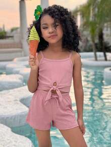 SHEIN 2pcs/Set Young Girl Light Pink Ribbed Knit Camisole And Shorts Set,Summer Matching Holiday Family Vacation Resort Wear Tweens Two Piece Outfits,Cute - Pink - View 5