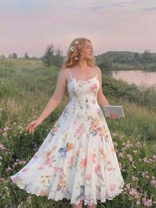 SHEIN MOD 大码女式花卉印花连衣裙，浪漫度假风格，约会女士连衣裙复活节女士复活节连衣裙女士长裙女士连衣裙花卉春季婚礼连衣裙挤奶女工连衣裙 - 彩色 - 查看 1