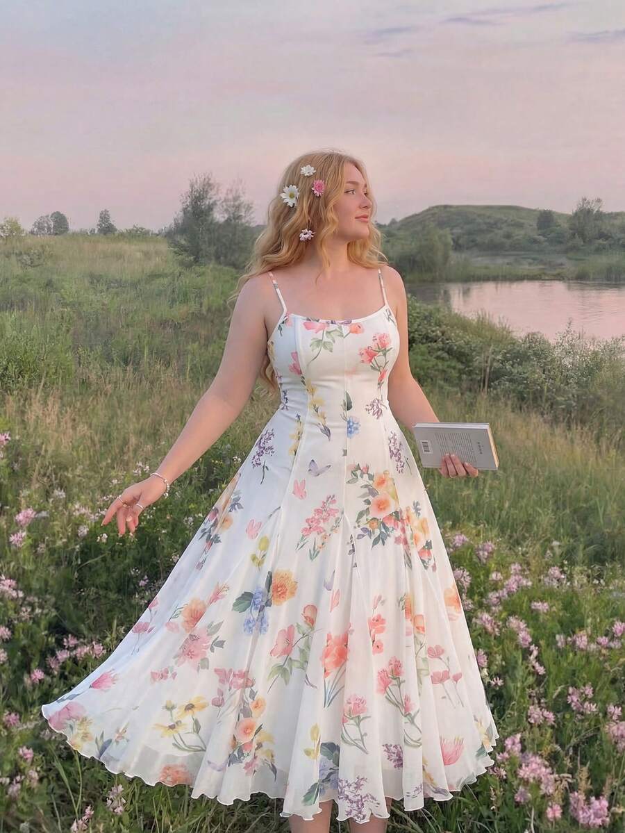 SHEIN MOD 大码女式花卉印花连衣裙，浪漫度假风格，约会女士连衣裙复活节女士复活节连衣裙女士长裙女士连衣裙花卉春季婚礼连衣裙挤奶女工连衣裙 - 彩色 - 查看 1