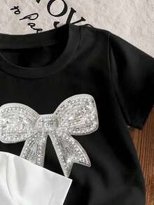 3pcs/Set Girls (Small) T-Shirts, Pink, White, Black, Faux Sequins & Sequins Bow Graphic, Cute All-Match Everyday Wear, Suitable For Spring, Summer, Autumn, 4Y-7Y, Matching Sister Outfits - Multicolor - View 5