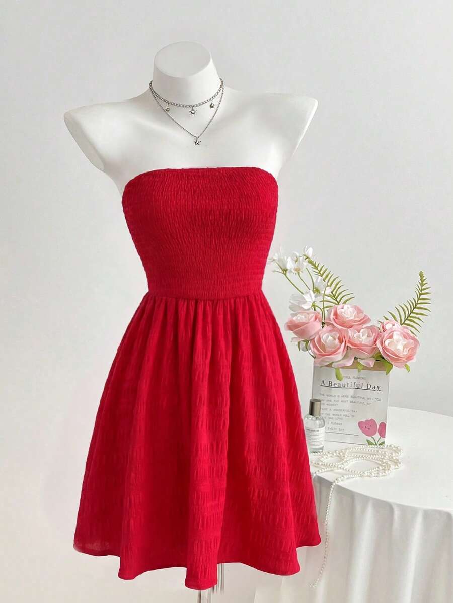 SHEIN PETITE 娇小女款春夏纹理面料修身A字休闲度假连衣裙 - 紅色 - 查看 1