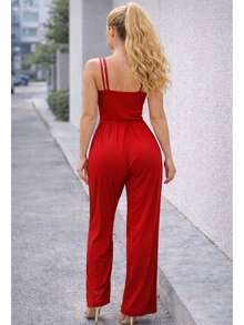 Enterizo Largo de Pata Ancha en Tela Brush Suave - Enterizo Casual de Tirantes con Ajuste en Cintura - Rojo - Ver 6