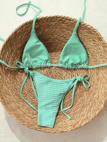 Swim Mod 新款褶皱条纹蓝白细肩带扭结侧高衩比基尼两件套泳衣，女士沙滩度假装 - 薄荷藍 - 查看 2